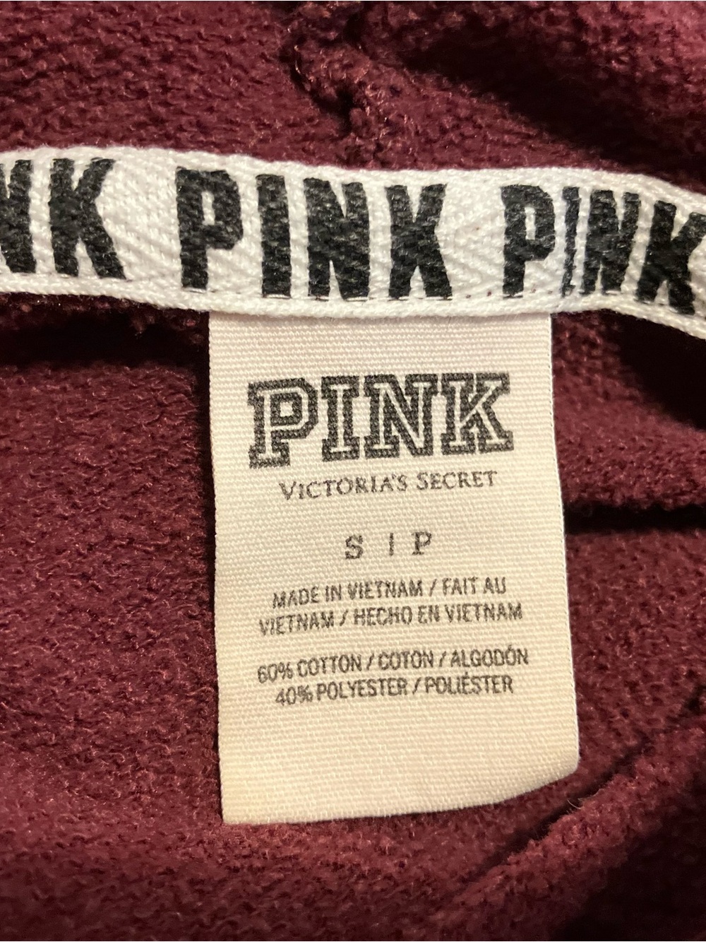 PINK Victoria's Secret Maroon Zip-Up Hoodie with Neon Pink Logo Small - Picture 3 of 3